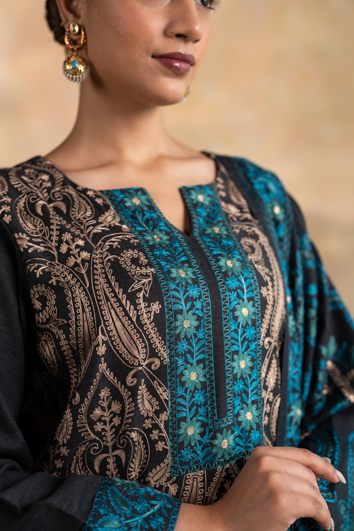 Contrast Dupatta Embroidered Suit